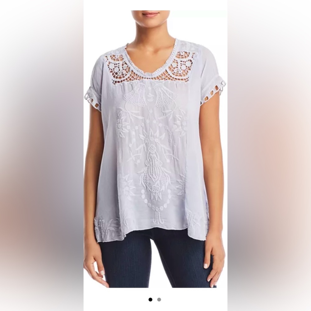 Johnny Was White Embroidered Crochet Yoke Short Sleeve Blouse